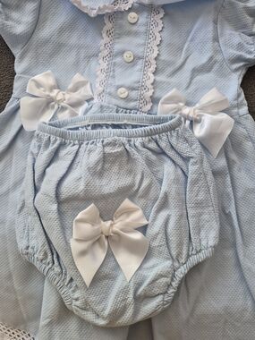 Classic Light Blue Baby Bloomers & Dress Set with White Bows